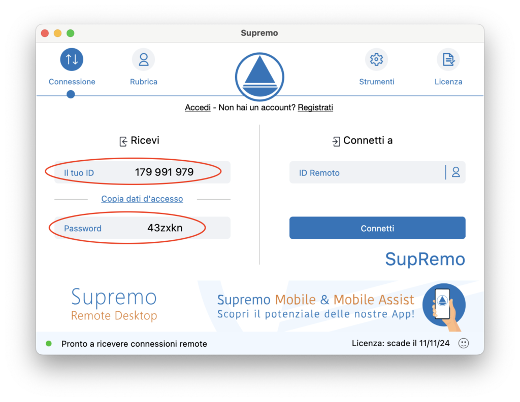 Esempio di sessione di tele assistenza, in evidenza i codici da comunicare per stabilire una connessione